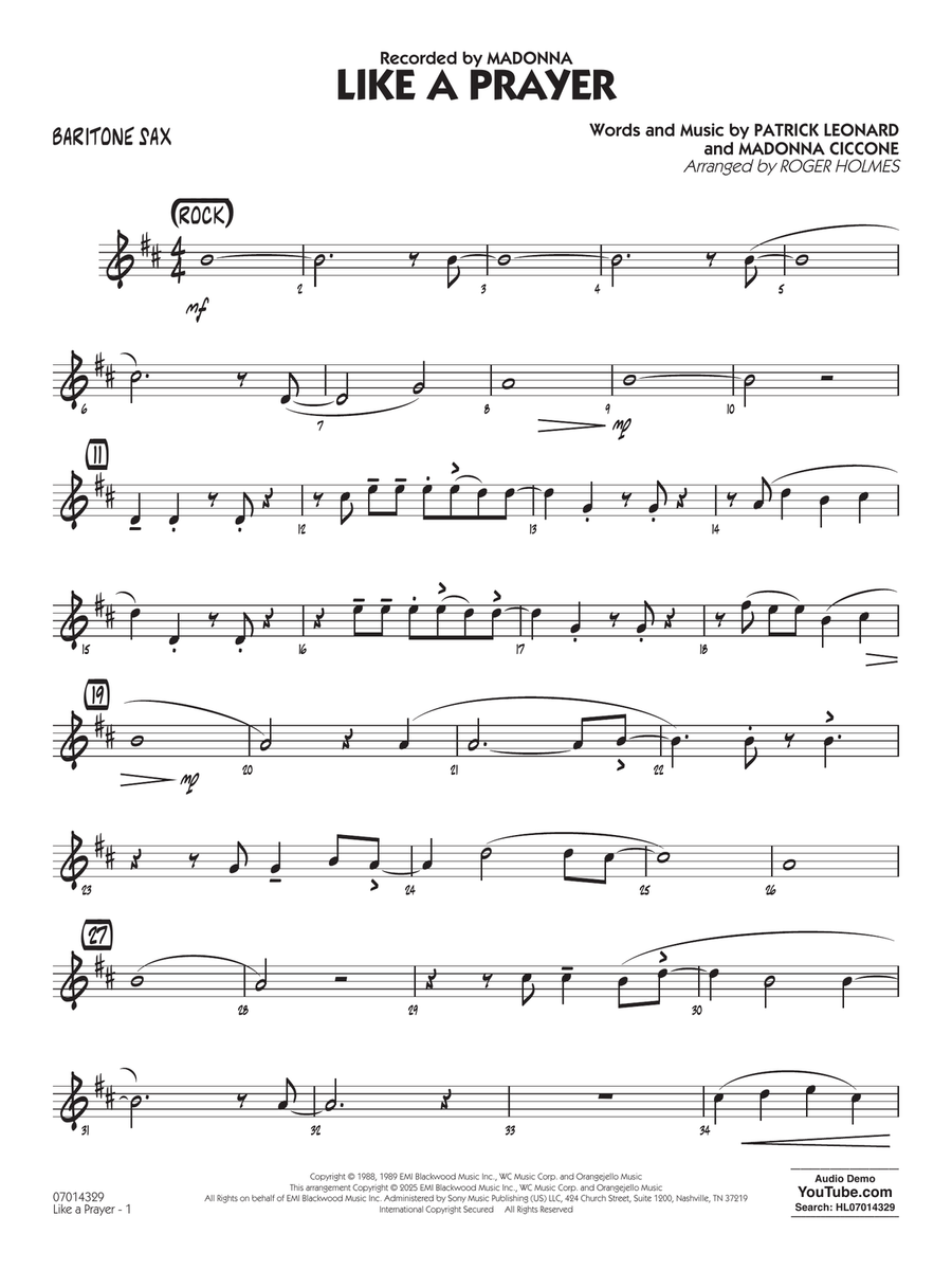 Like A Prayer (arr. Roger Holmes) - Alto Sax - Baritone Sax Jazz Ensemble scores gallery preview page 1