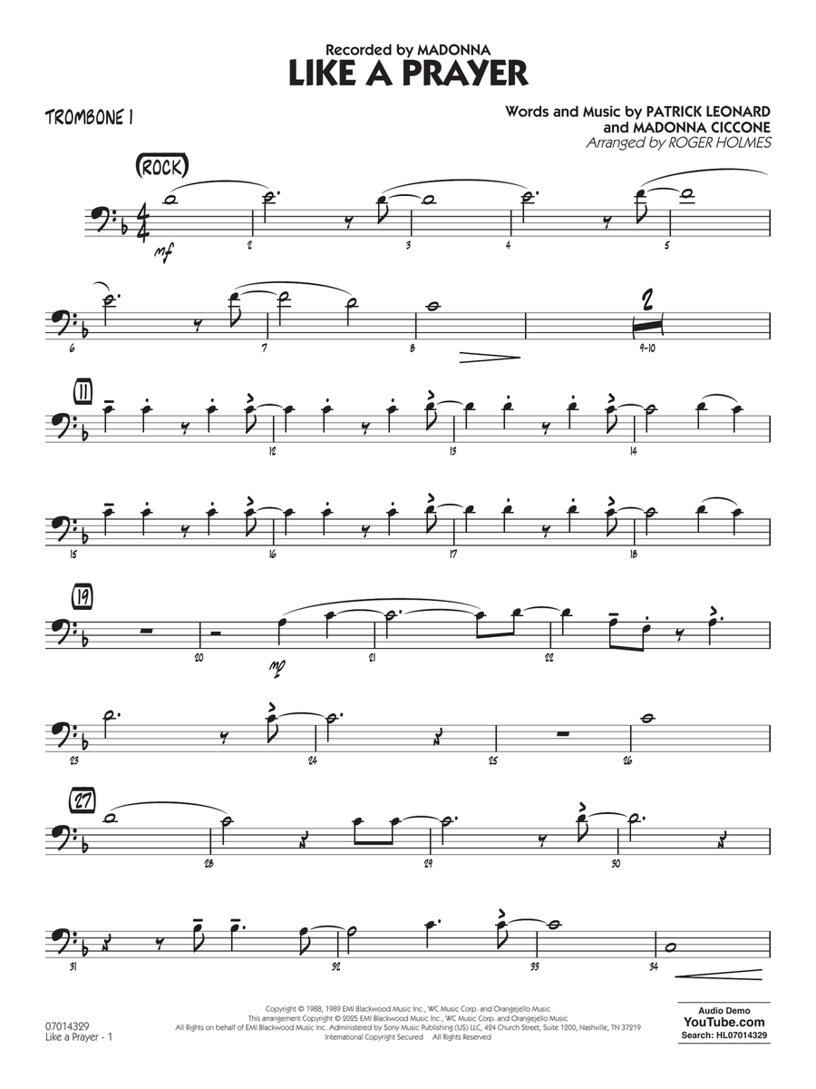 Like A Prayer (arr. Roger Holmes) - Alto Sax - Trombone 1 Jazz Ensemble scores gallery preview page 1