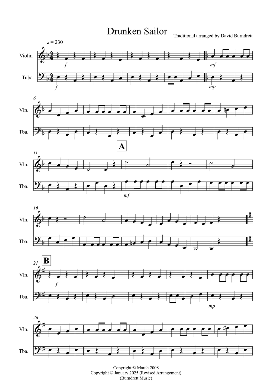 Drunken Sailor for Violin and Tuba Duet Tuba scores gallery preview page 1