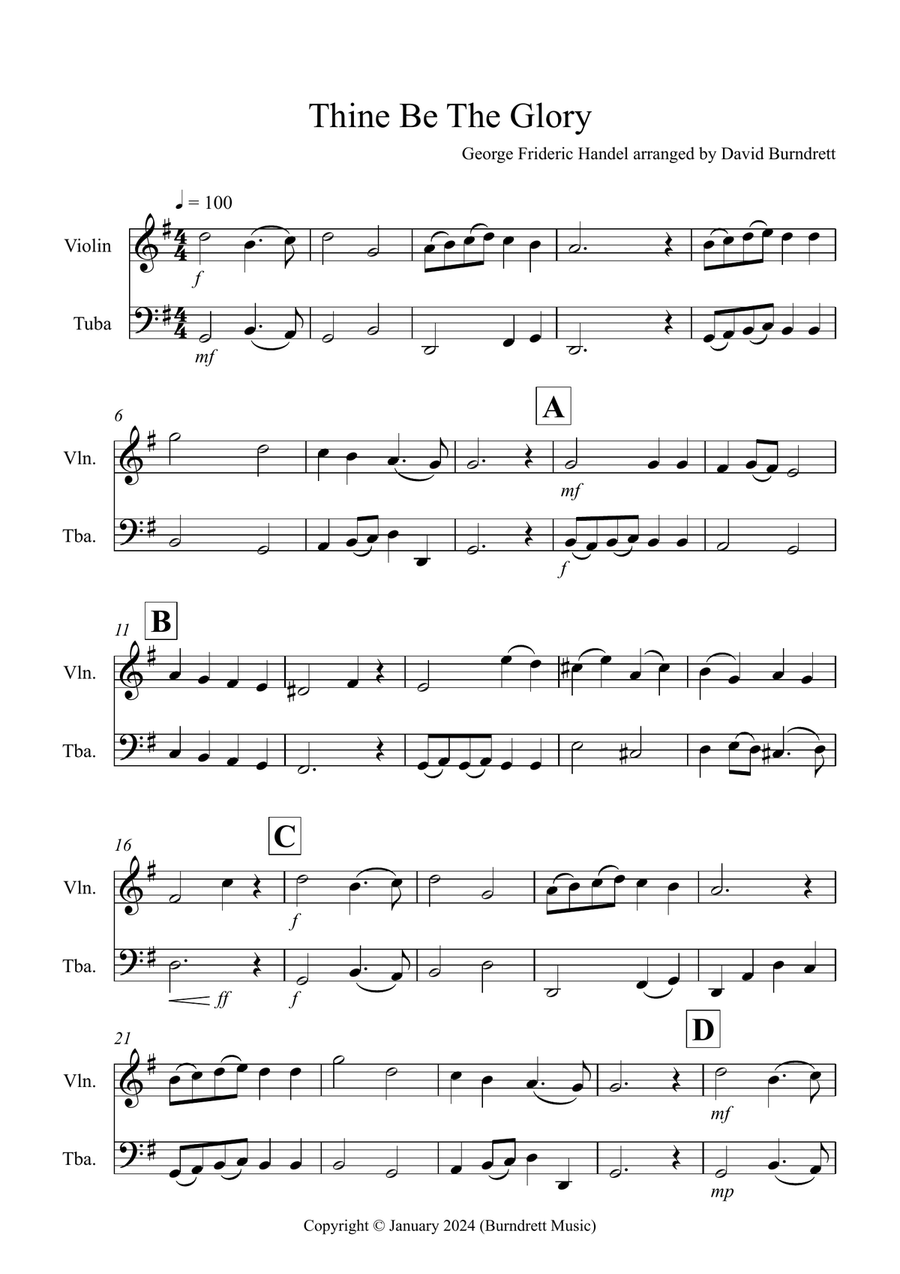 Thine Be The Glory for Violin and Tuba Duet Tuba scores gallery preview page 1
