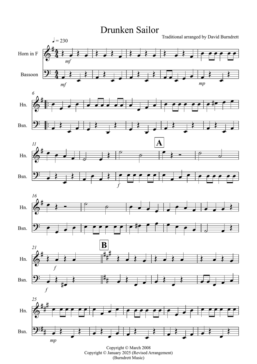 Drunken Sailor for Horn and Bassoon Duet Woodwind Duet scores gallery preview page 1