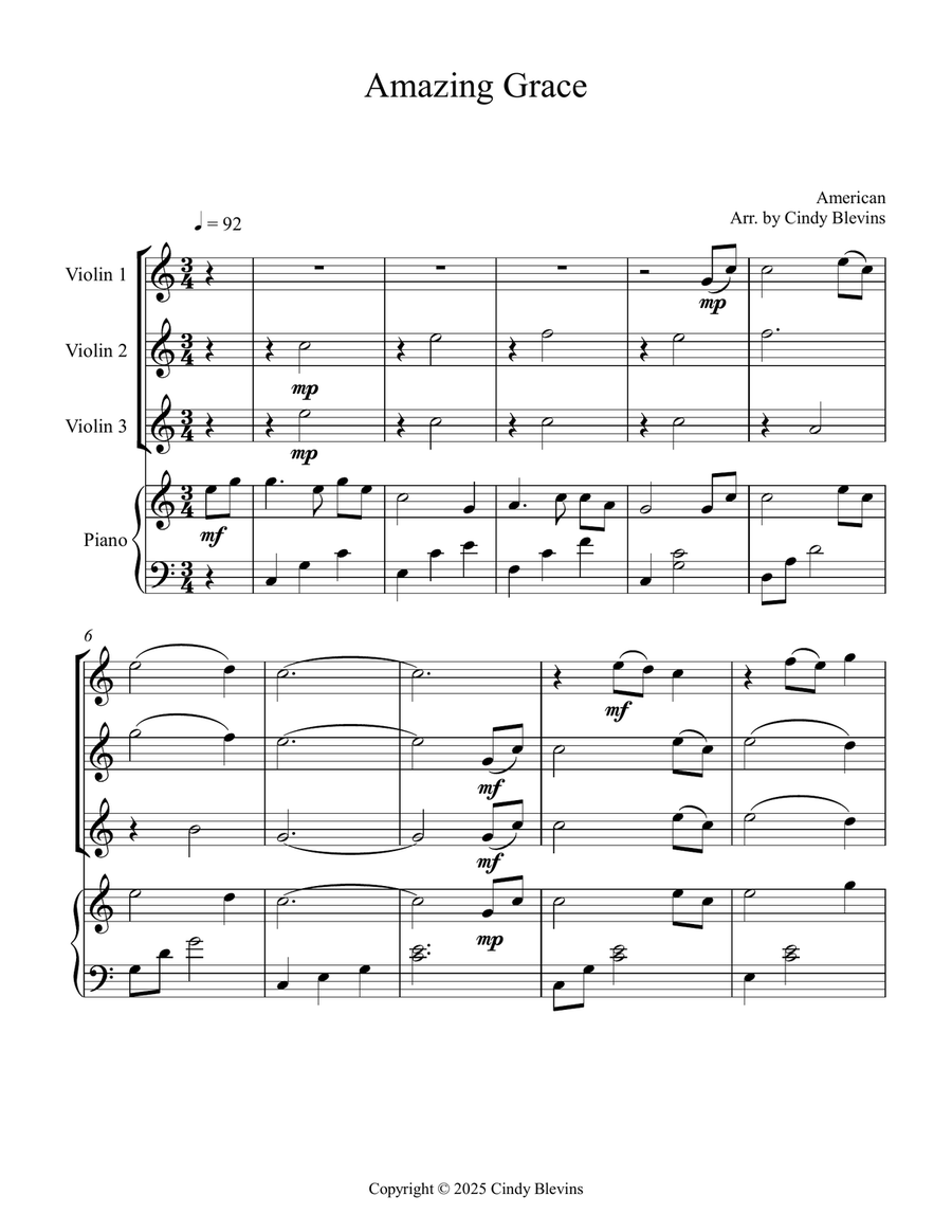 Amazing Grace, for Three Violins and Piano Small Ensemble scores gallery preview page 2