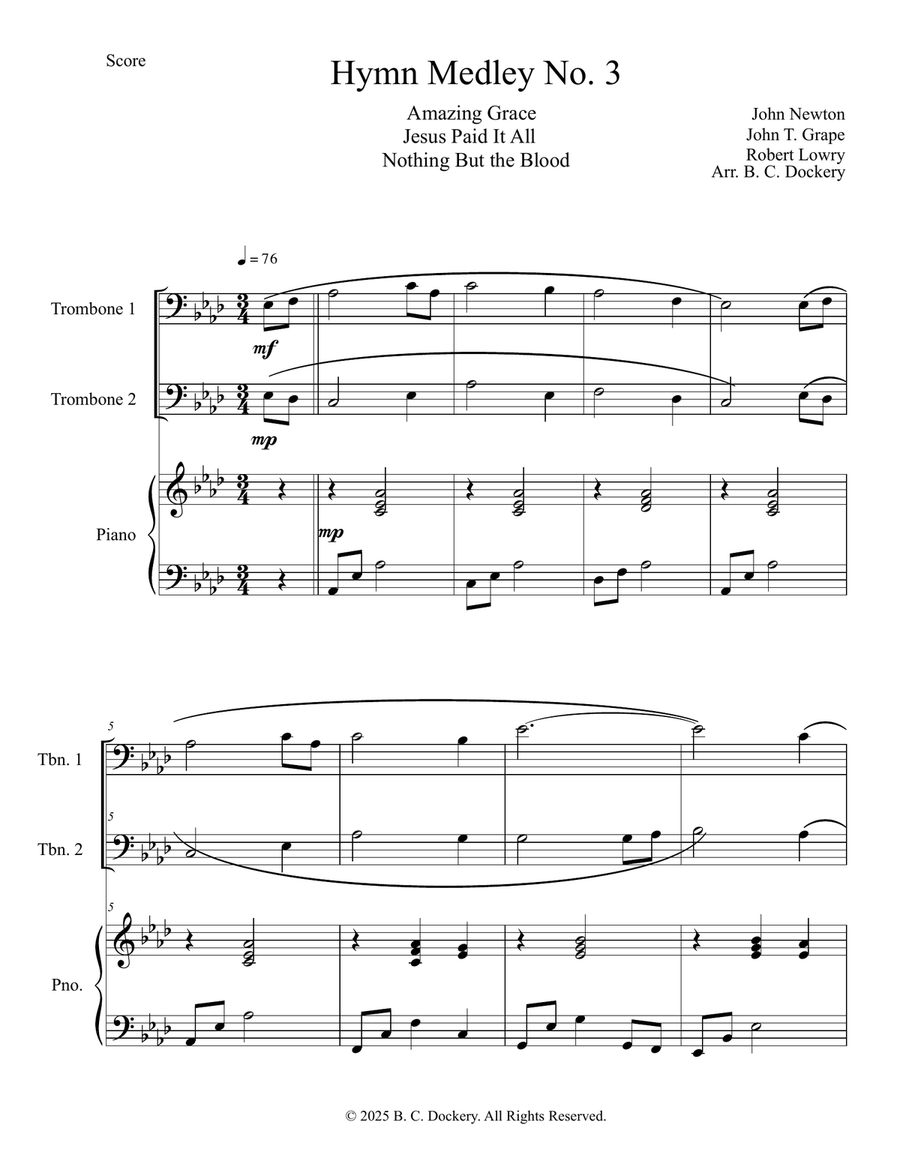 Hymn Medley No. 3 (Trombone Duet with Piano Accompaniment) Trombone Duet scores gallery preview page 1