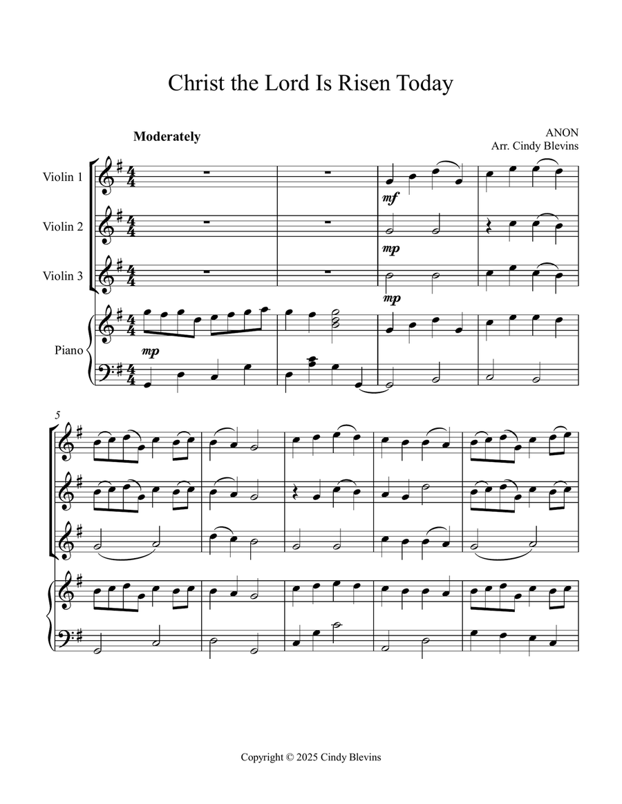 Christ the Lord Is Risen Today, for Three Violins and Piano Small Ensemble scores gallery preview page 2