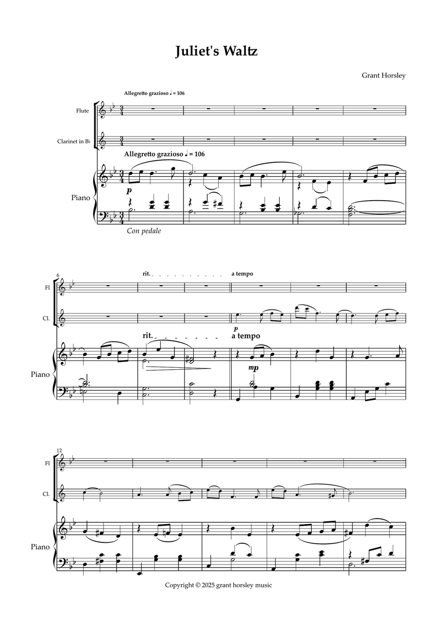 Juliet's Waltz. Original romantic waltz for Flute, Clarinet and Piano. Woodwind Duet scores gallery preview page 2