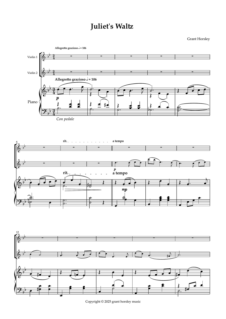 Juliet's Waltz. Original romantic waltz for Violin Duet and Piano. String Duet scores gallery preview page 2