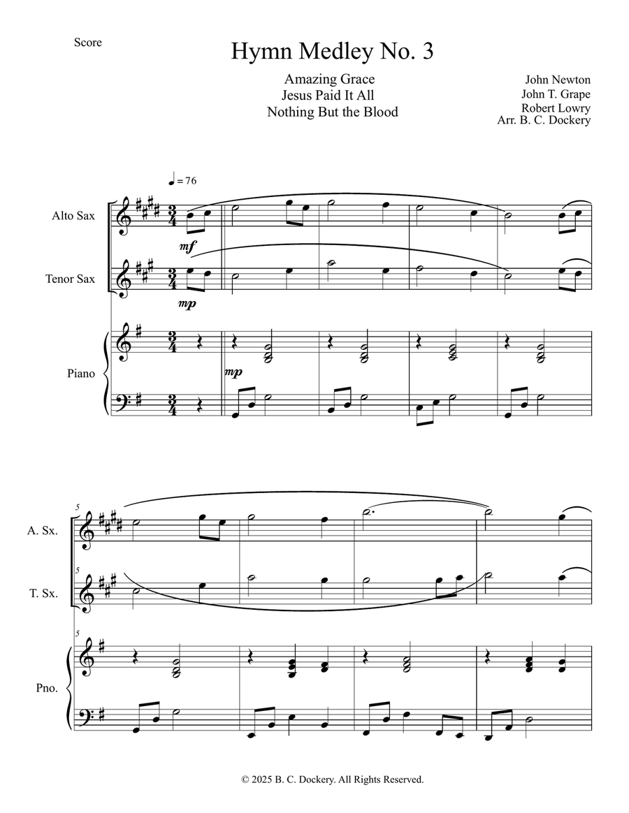 Hymn Medley No. 3 (Alto and Tenor Sax Duet with Piano Accompaniment) Woodwind Duet scores gallery preview page 1