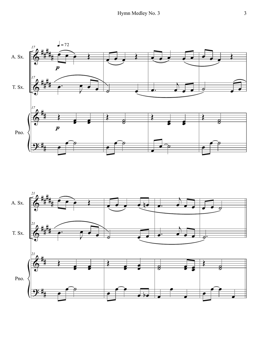 Hymn Medley No. 3 (Alto and Tenor Sax Duet with Piano Accompaniment) Woodwind Duet scores gallery preview page 3