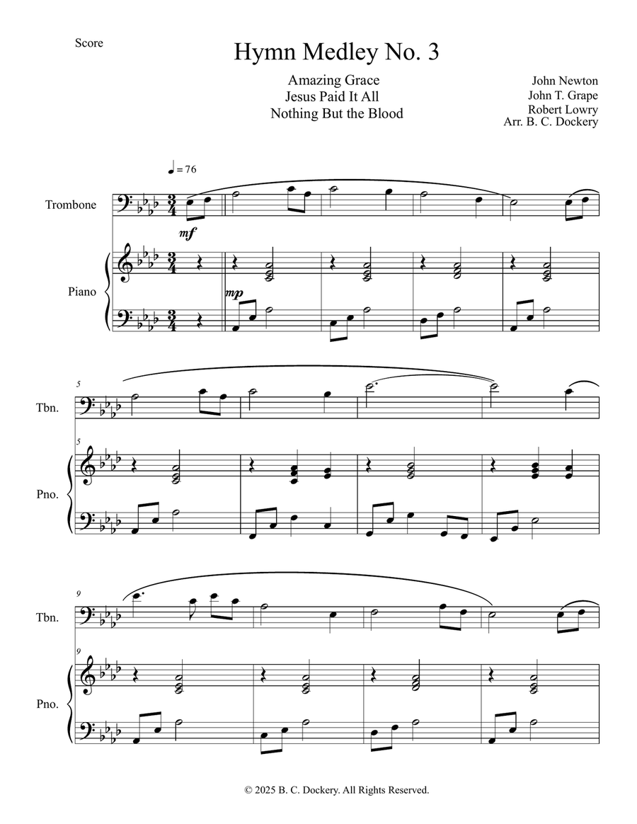 Hymn Medley No. 3 (Trombone Solo with Piano Accompaniment) Piano scores gallery preview page 1