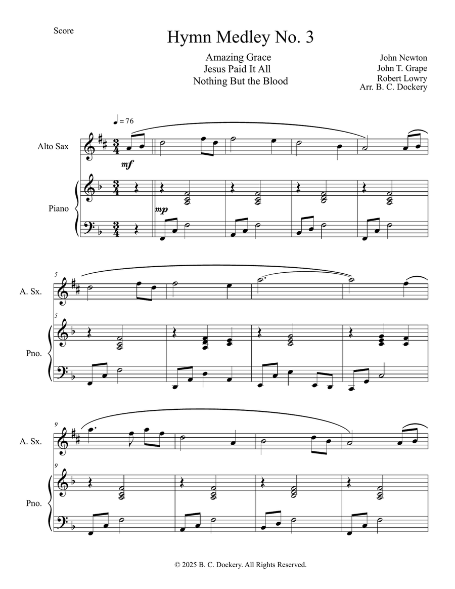 Hymn Medley No. 3 (Alto Sax Solo with Piano Accompaniment) Alto Saxophone scores gallery preview page 1