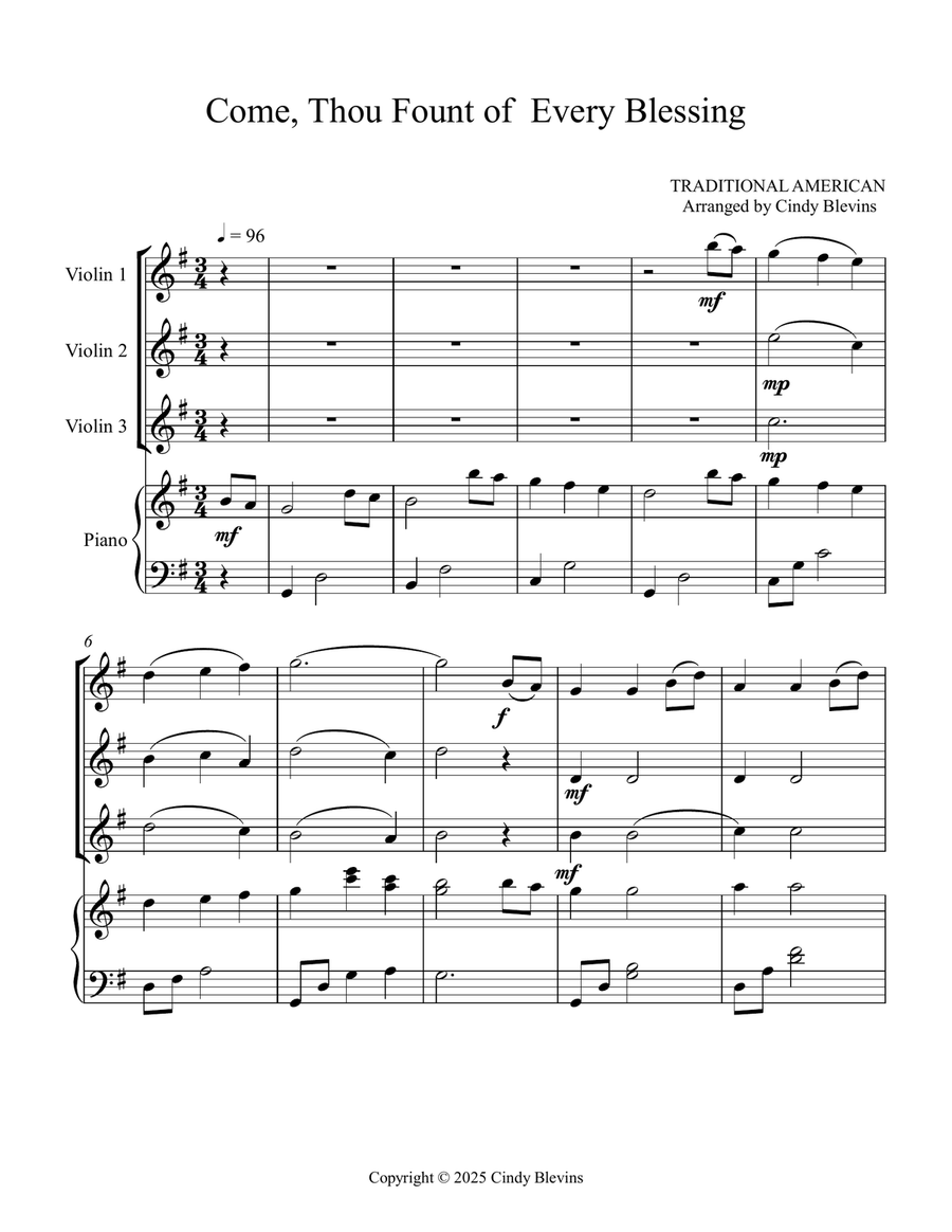 Come, Thou Fount of Every Blessing, for Three Violins and Piano Small Ensemble scores gallery preview page 2