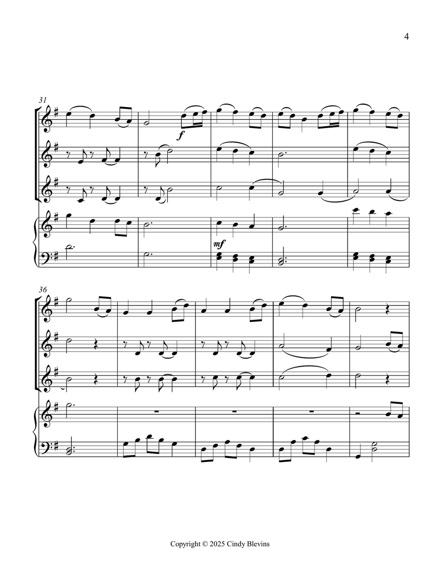 Come, Thou Fount of Every Blessing, for Three Violins and Piano Small Ensemble scores gallery preview page 5