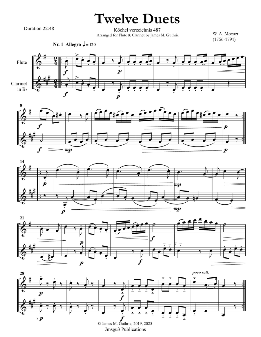 Mozart: Twelve Duets K. 487 for Flute & Clarinet Woodwind Duet scores gallery preview page 1