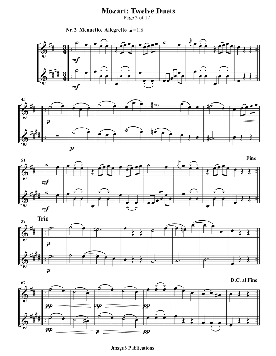 Mozart: Twelve Duets K. 487 for Flute & Clarinet Woodwind Duet scores gallery preview page 2