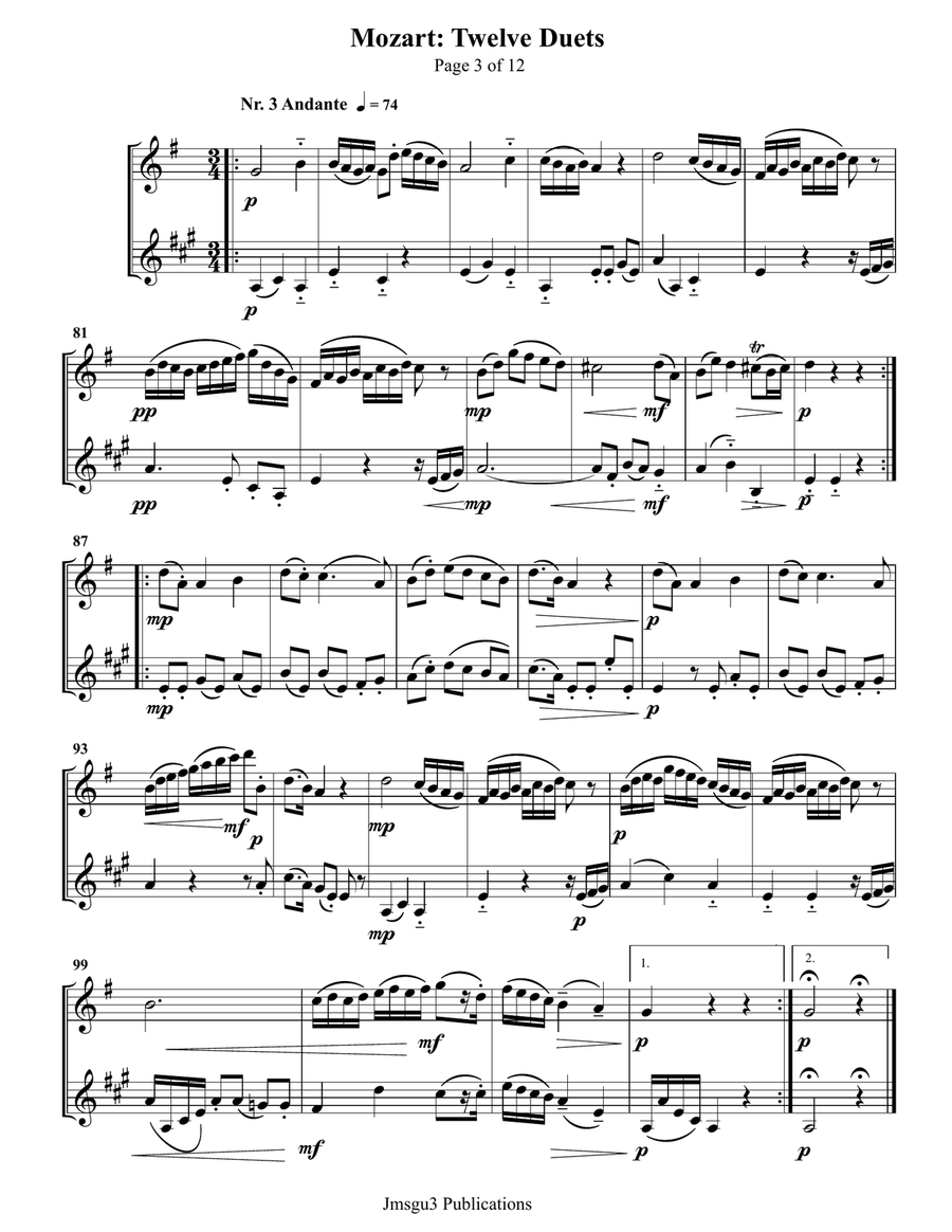 Mozart: Twelve Duets K. 487 for Flute & Clarinet Woodwind Duet scores gallery preview page 3