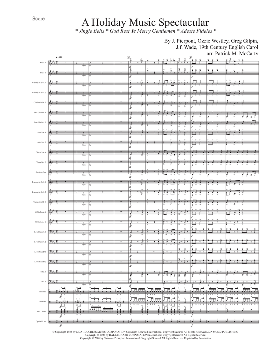Medley: Jingle Bells with God Rest Ye Merry, Gentlemen and Adeste Fideles Marching Band scores gallery preview page 1