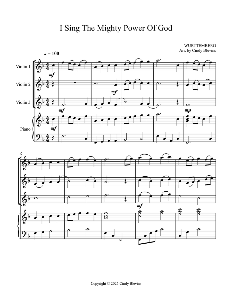 I Sing the Mighty Power of God, for Three Violins and Piano Small Ensemble scores gallery preview page 2