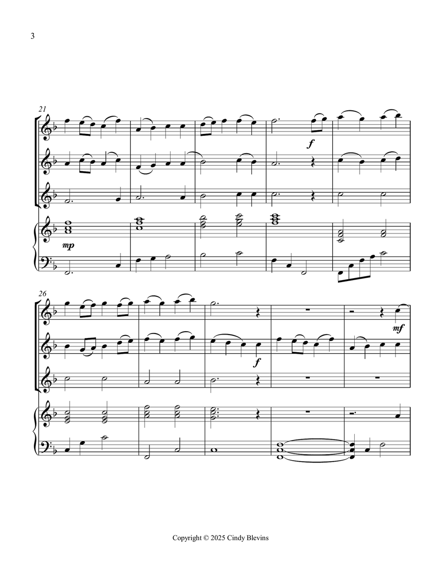 I Sing the Mighty Power of God, for Three Violins and Piano Small Ensemble scores gallery preview page 4