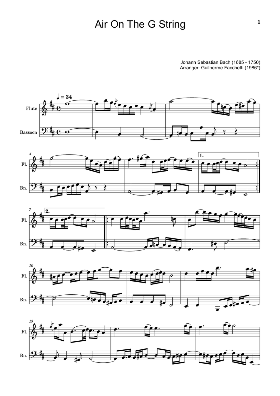 Air on the G String. For Flute and Bassoon Chamber Music scores gallery preview page 1