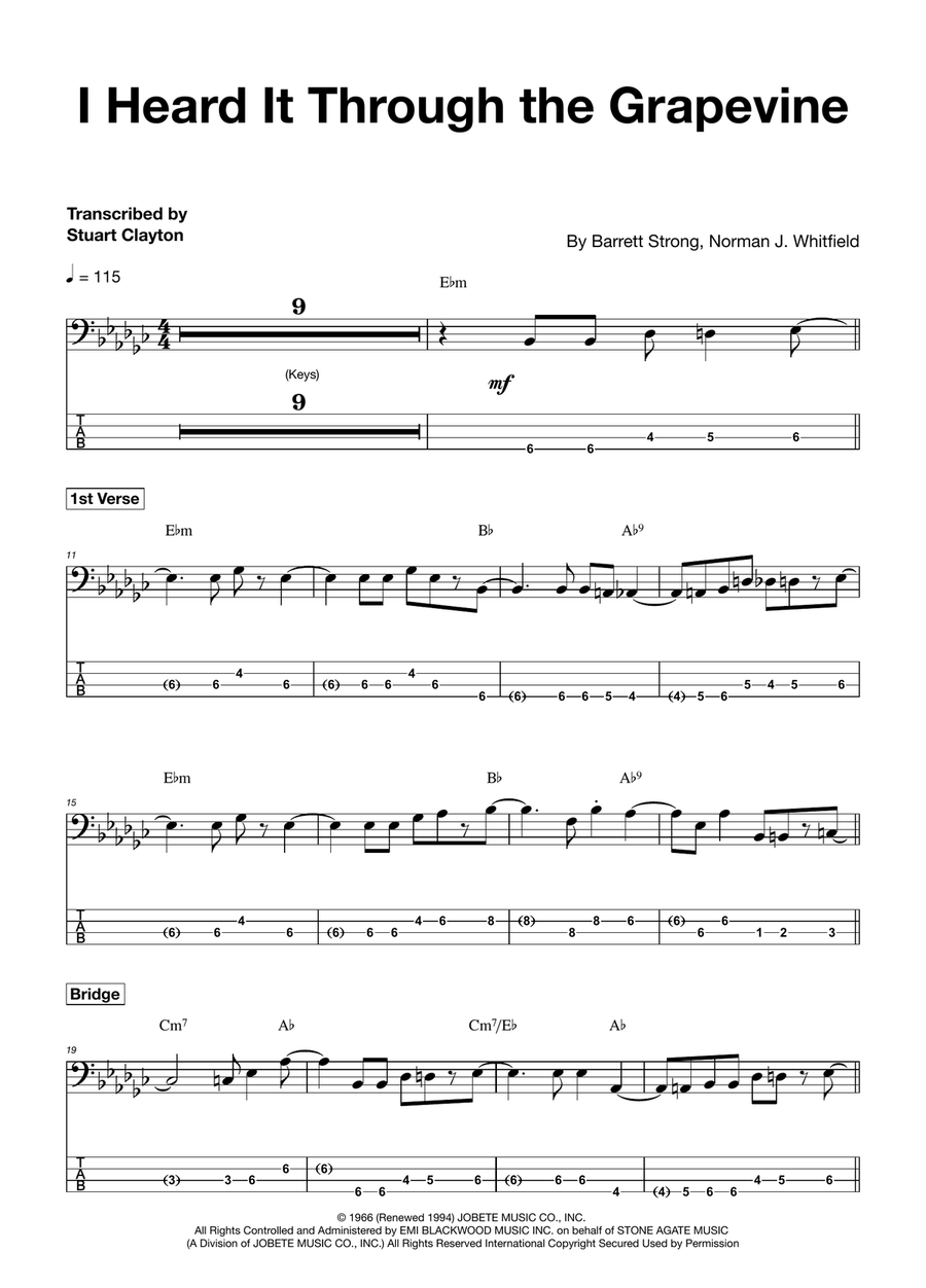 I Heard It Through The Grapevine Bass Guitar Tablature scores gallery preview page 1