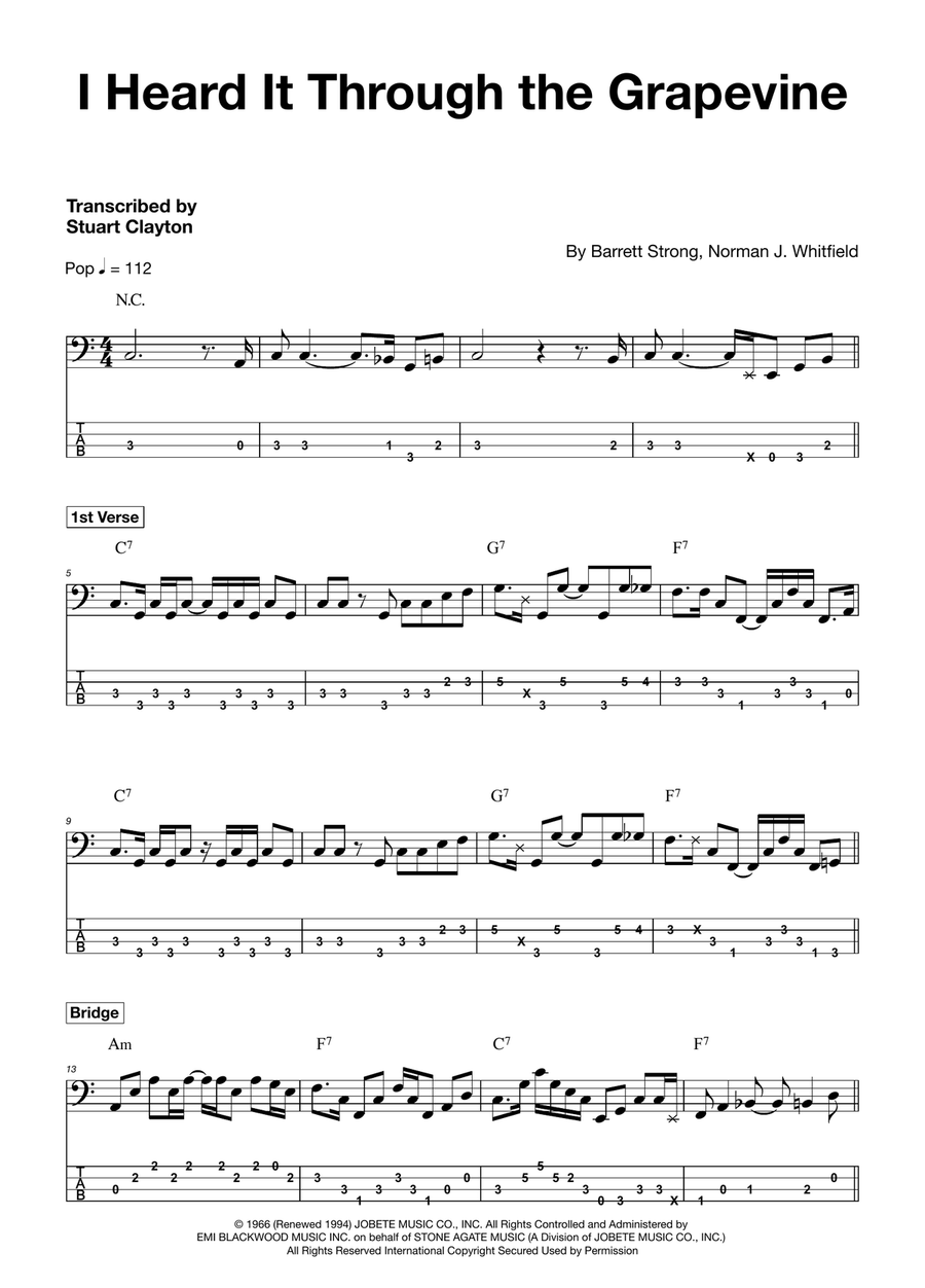 I Heard It Through The Grapevine Bass Guitar Tablature scores gallery preview page 1