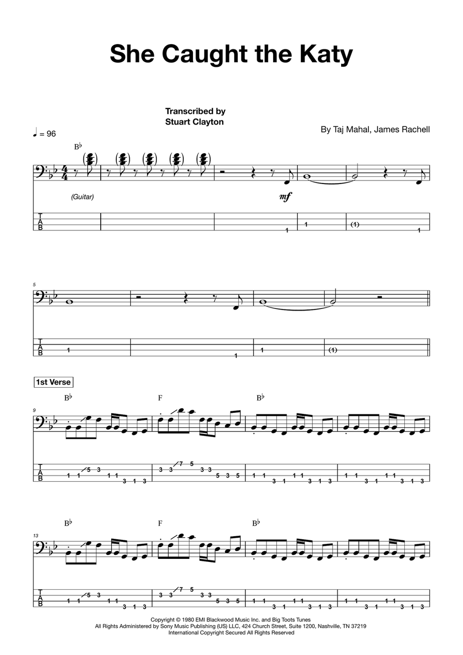 She Caught The Katy And Left Me A Mule To Ride Bass Guitar Tablature scores gallery preview page 1