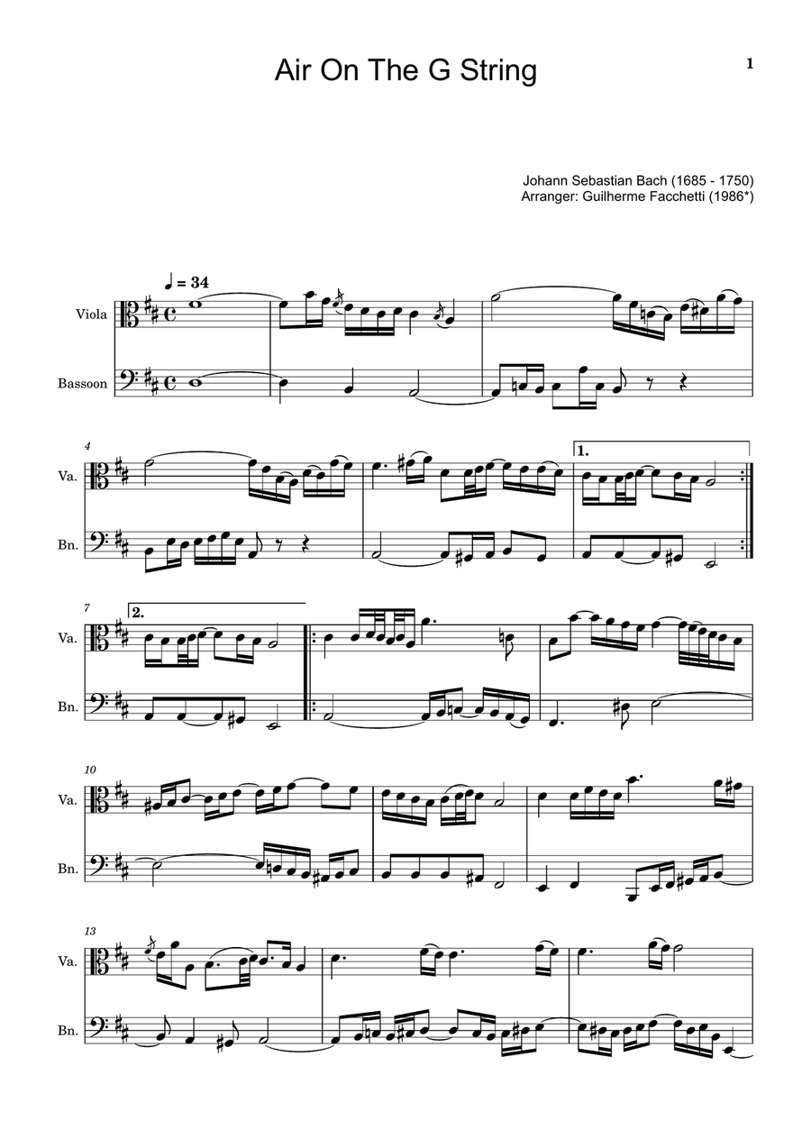 Air on the G String. For Viola and Bassoon. Chamber Music scores gallery preview page 1
