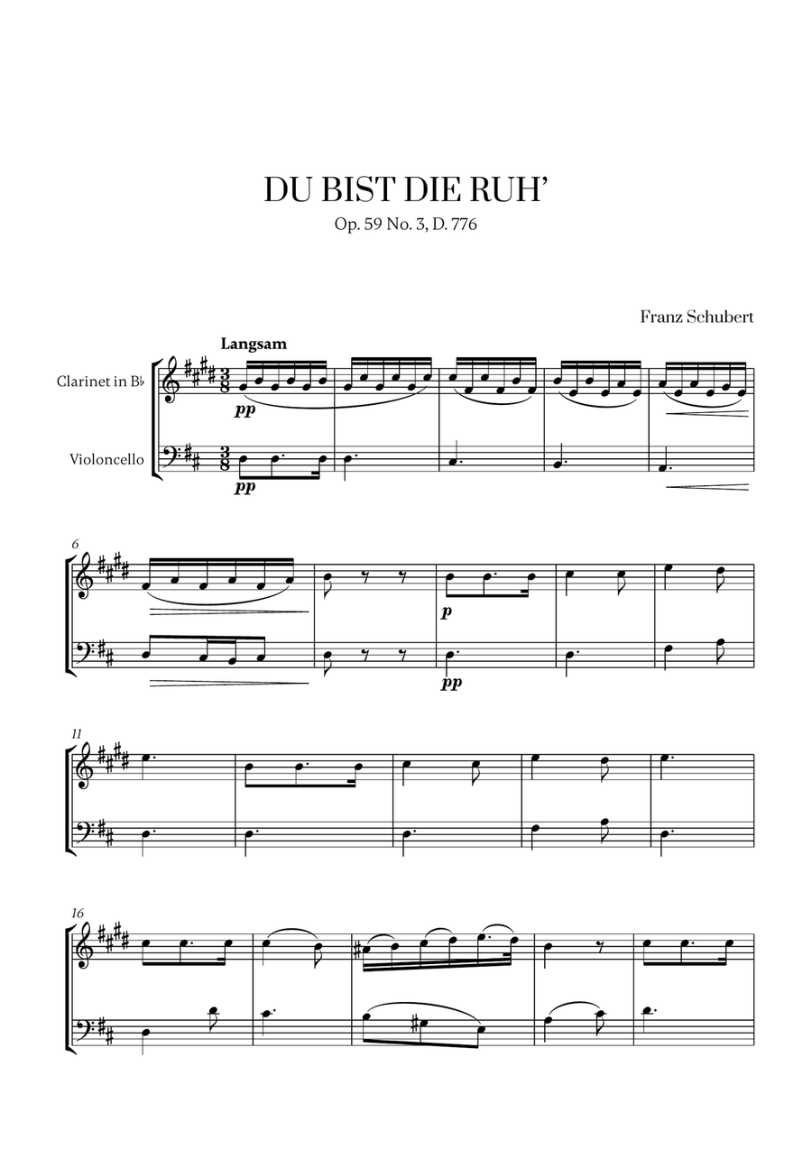 Franz Schubert - Du bist die Ruh (D Major) for Clarinet and Cello B-Flat Clarinet scores gallery preview page 1