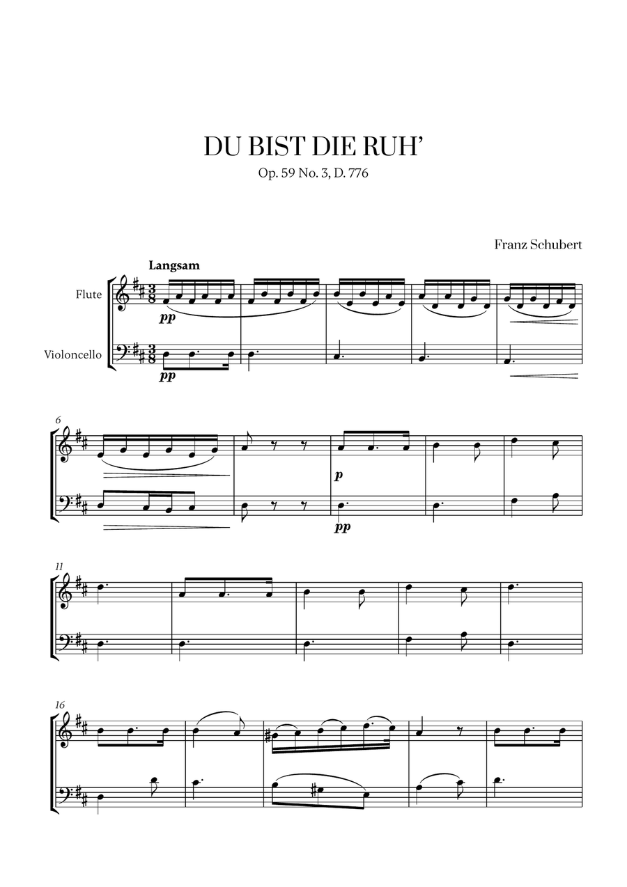 Franz Schubert - Du bist die Ruh (D Major) for Flute and Cello Flute scores gallery preview page 1