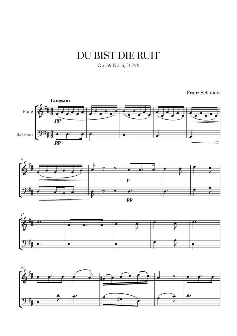 Franz Schubert - Du bist die Ruh (D Major) for Flute and Bassoon Woodwind Duet scores gallery preview page 1