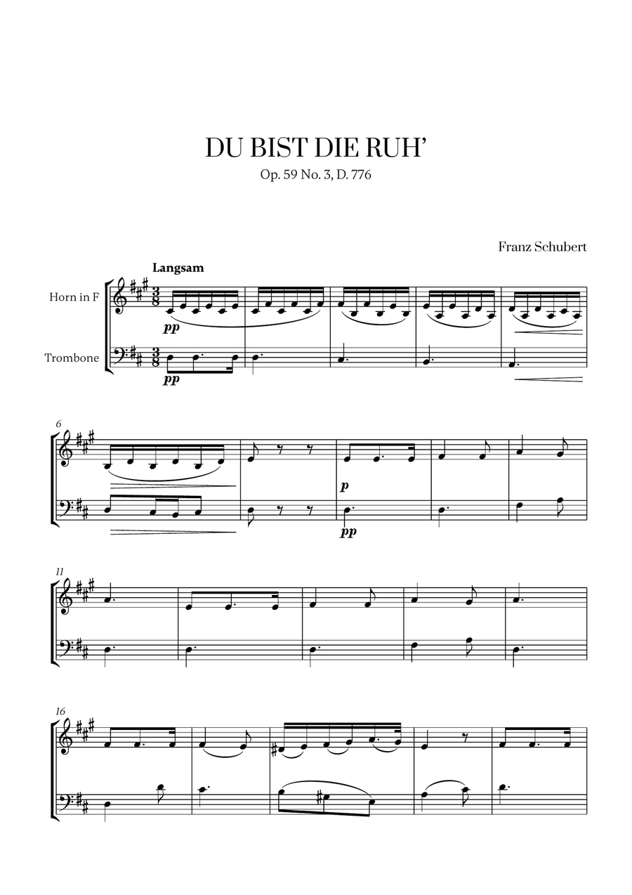 Franz Schubert - Du bist die Ruh (D Major) for French Horn and Trombone Brass Duet scores gallery preview page 1