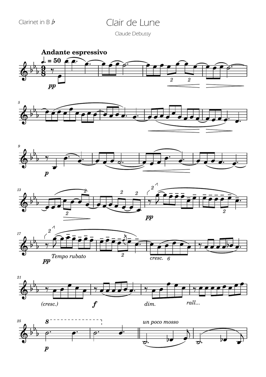 Clair de Lune - Clarinet Solo B-Flat Clarinet scores gallery preview page 1