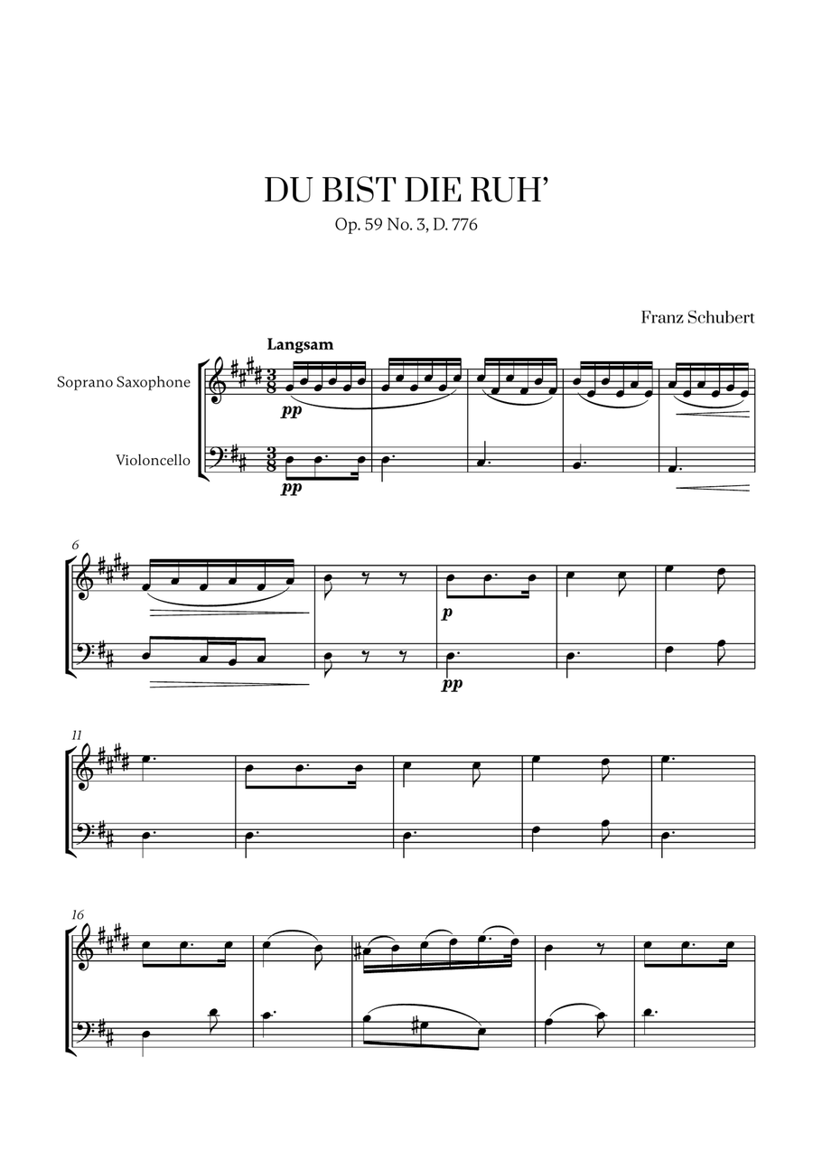 Franz Schubert - Du bist die Ruh (D Major) for Soprano Saxophone and Cello Soprano Saxophone scores gallery preview page 1