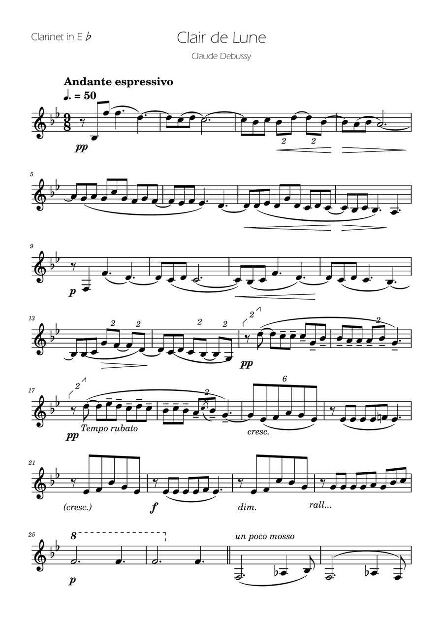 Clair de Lune - Clarinet in Eb Solo E-Flat Clarinet scores gallery preview page 1