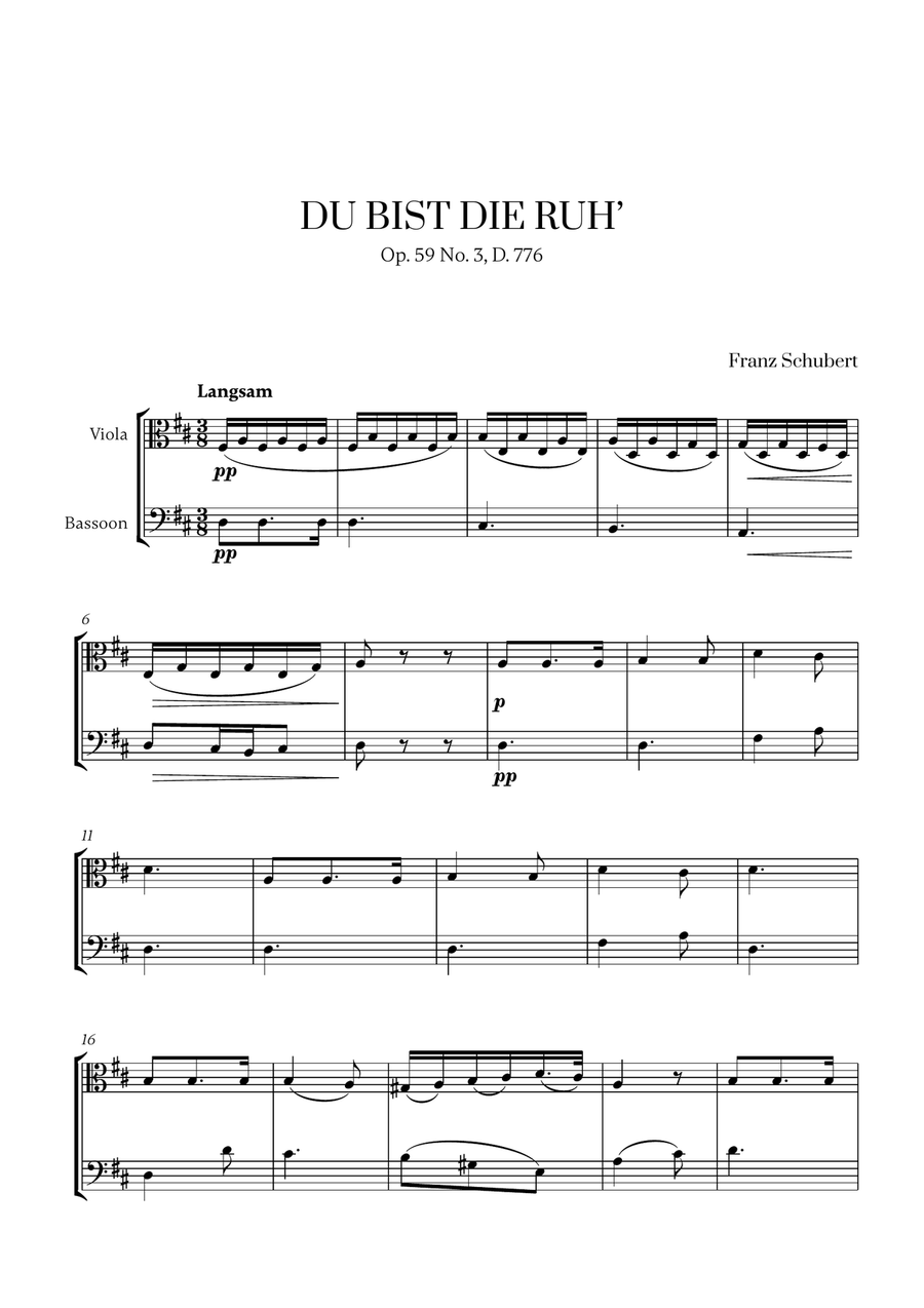 Franz Schubert - Du bist die Ruh (D Major) for Viola and Bassoon Bassoon scores gallery preview page 1