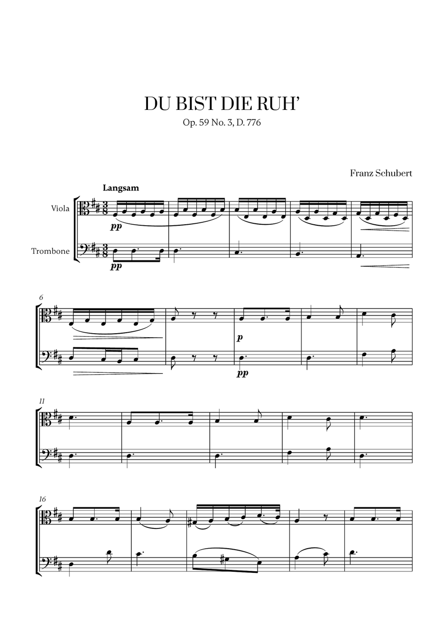 Franz Schubert - Du bist die Ruh (D Major) for Viola and Trombone Trombone scores gallery preview page 1