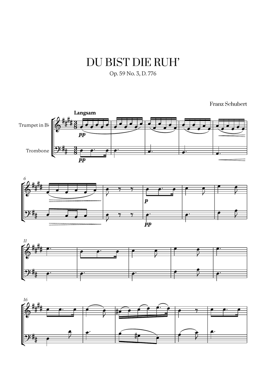 Franz Schubert - Du bist die Ruh (D Major) for Trumpet in Bb and Trombone Brass Duet scores gallery preview page 1