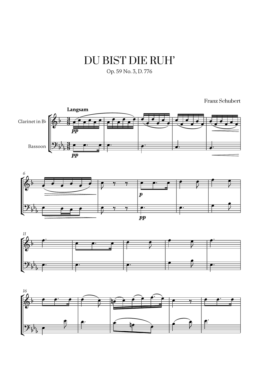 Franz Schubert - Du bist die Ruh for Clarinet and Bassoon Woodwind Duet scores gallery preview page 1
