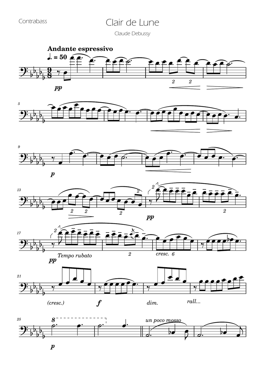 Clair de Lune - String Bass Solo Double Bass scores gallery preview page 1