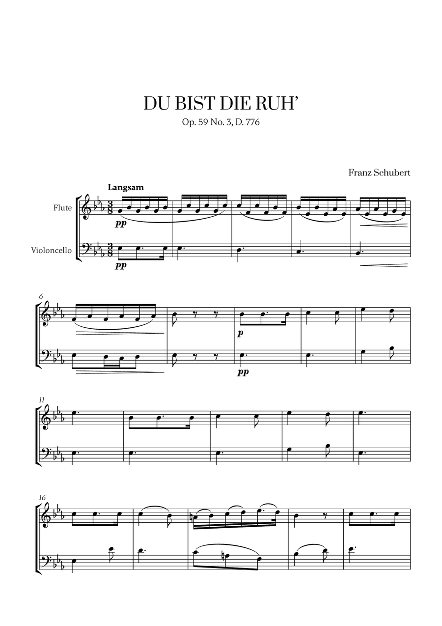 Franz Schubert - Du bist die Ruh for Flute and Cello Flute scores gallery preview page 1