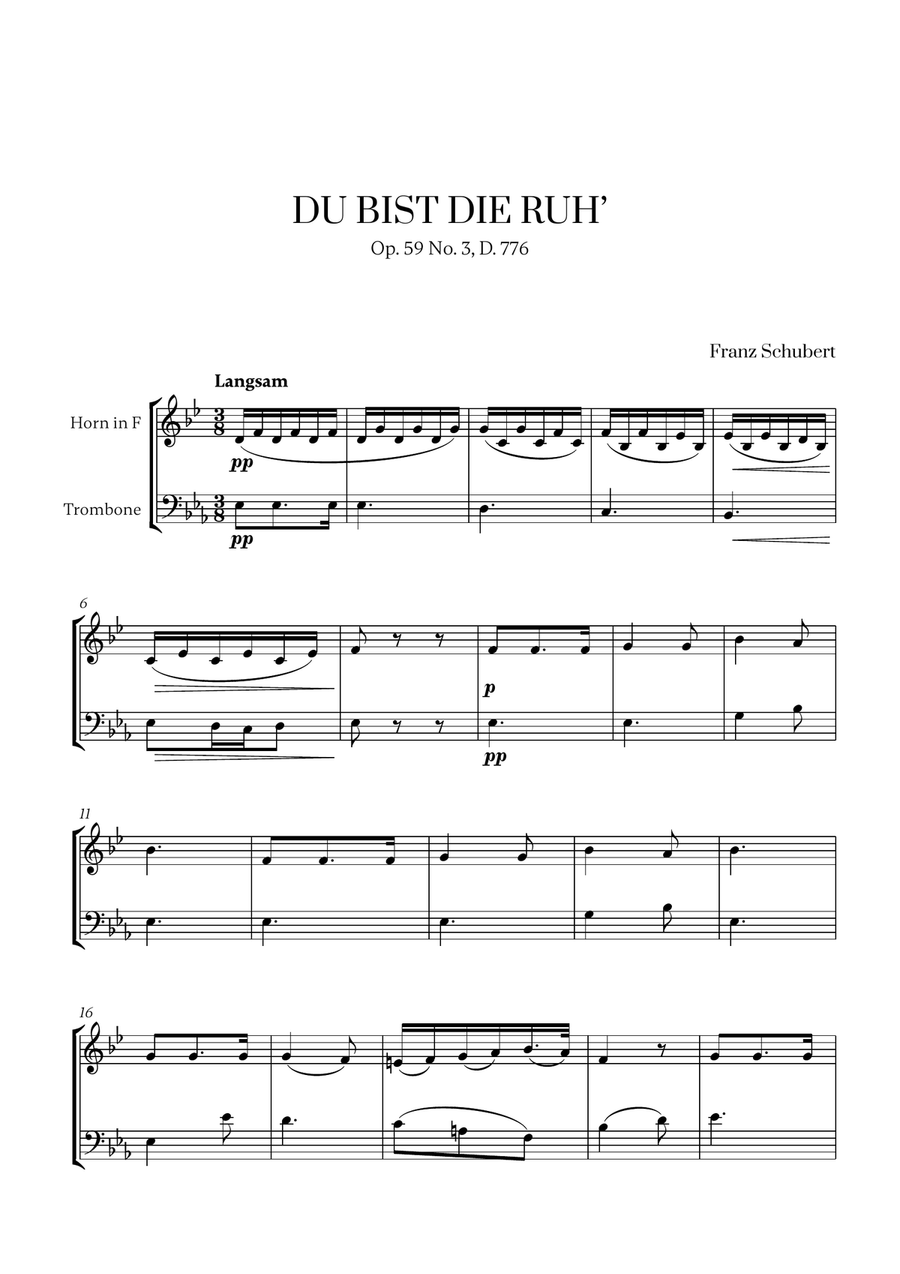 Franz Schubert - Du bist die Ruh for French Horn and Trombone Brass Duet scores gallery preview page 1