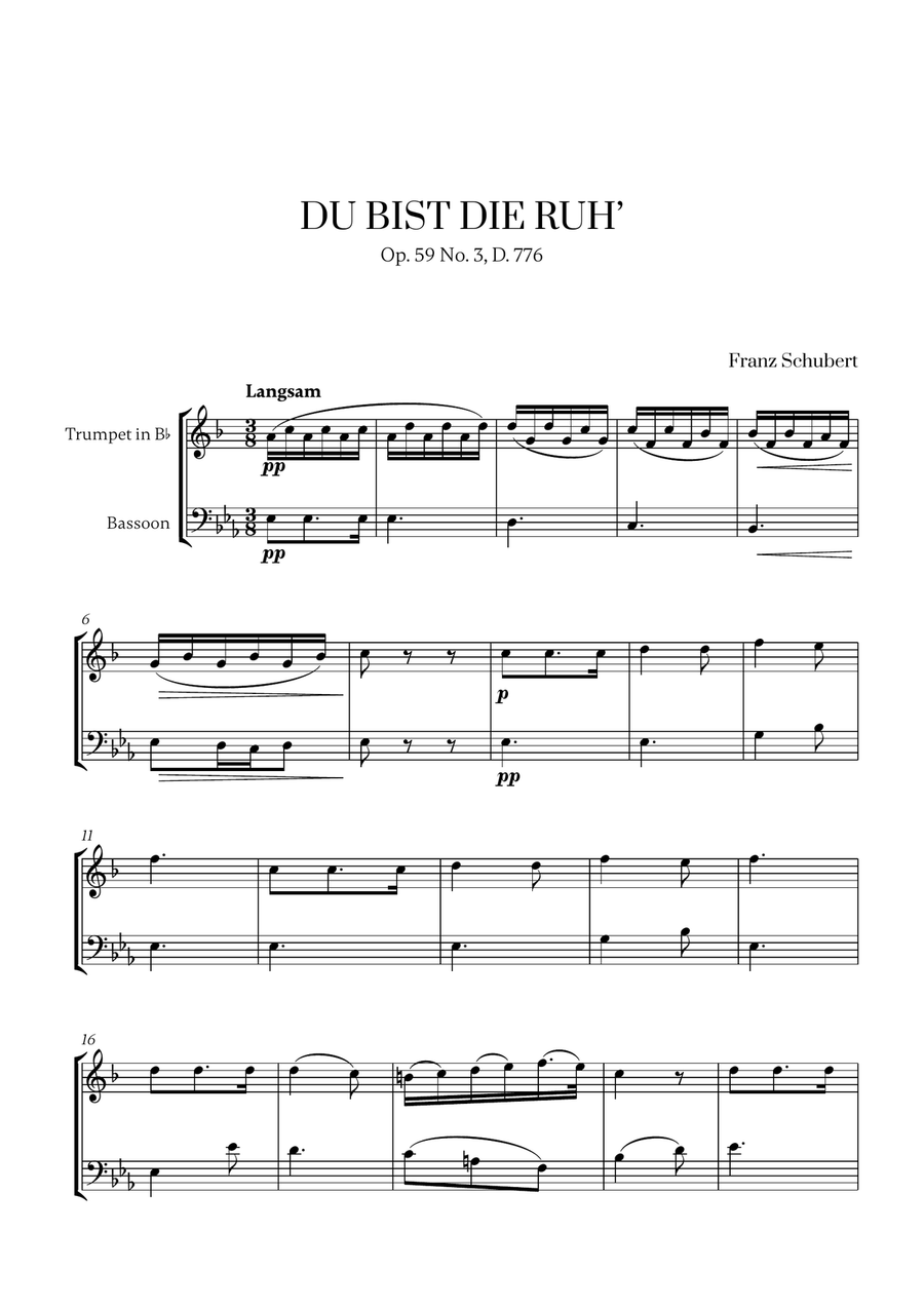Franz Schubert - Du bist die Ruh for Trumpet in Bb and Bassoon Bassoon scores gallery preview page 1