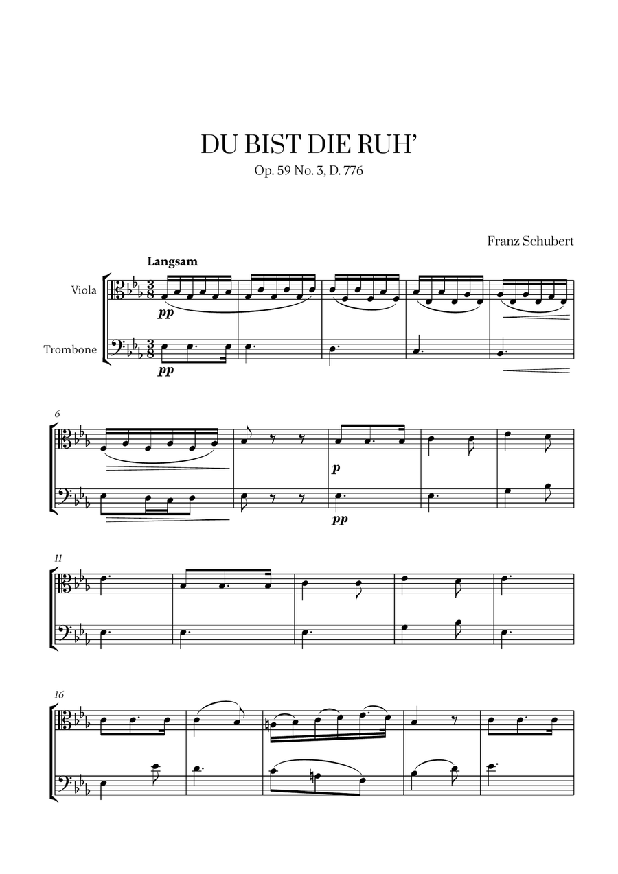 Franz Schubert - Du bist die Ruh for Viola and Trombone Trombone scores gallery preview page 1