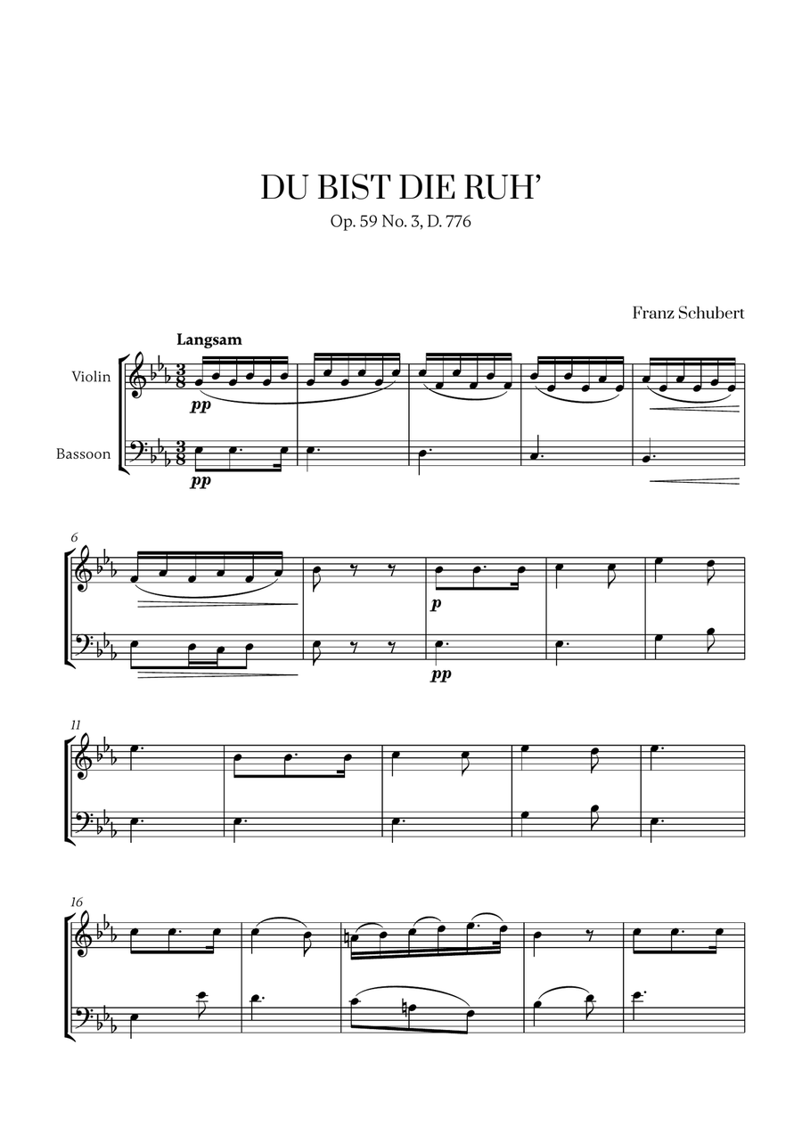 Franz Schubert - Du bist die Ruh for Violin and Bassoon Bassoon scores gallery preview page 1