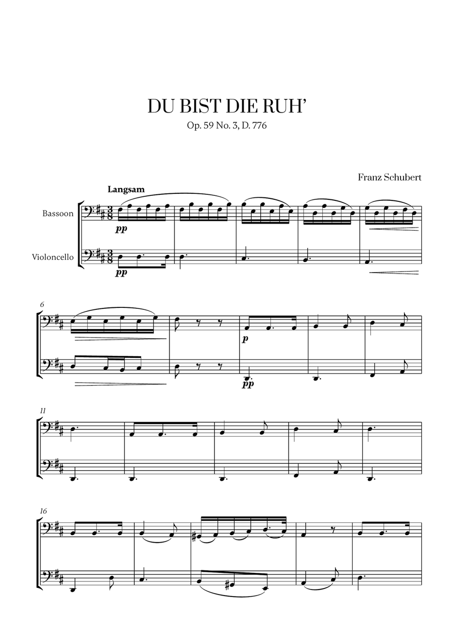 Franz Schubert - Du bist die Ruh (D Major) (for Bassoon and Cello) Bassoon scores gallery preview page 1