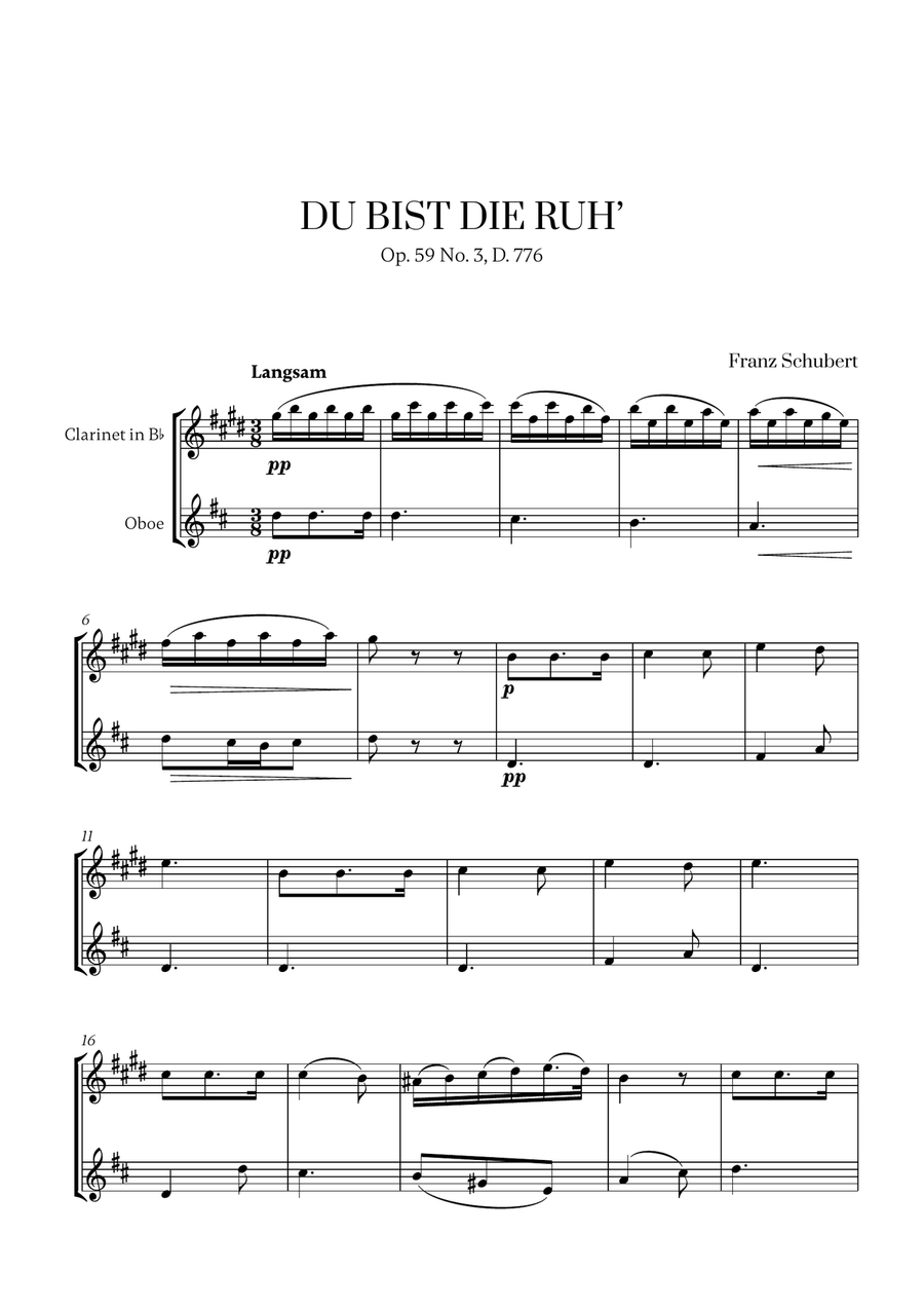 Franz Schubert - Du bist die Ruh (D Major) (for Clarinet and Oboe) Woodwind Duet scores gallery preview page 1