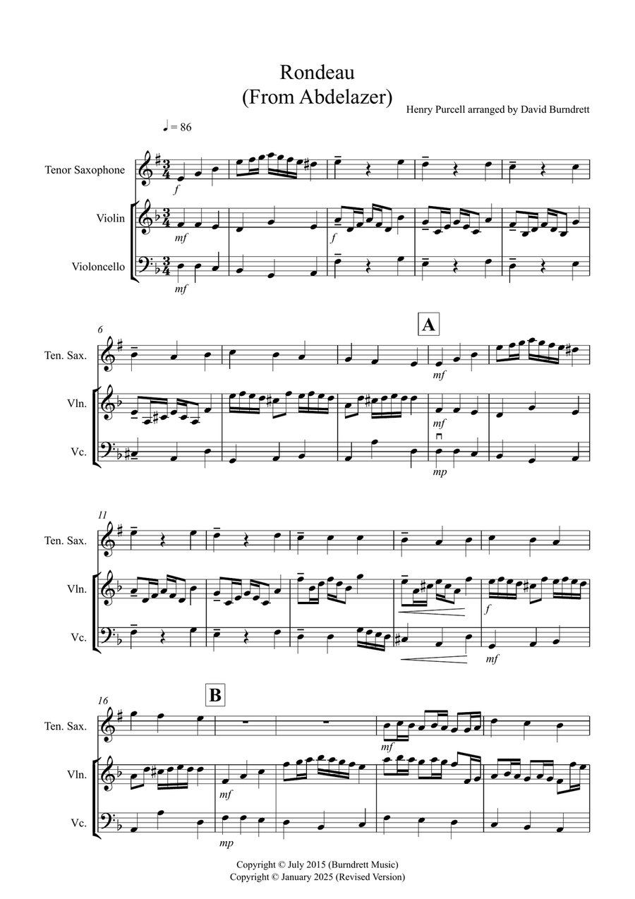 Rondeau (from Abdelazer) for Tenor Saxophone, Violin and Cello Trio Small Ensemble scores gallery preview page 1