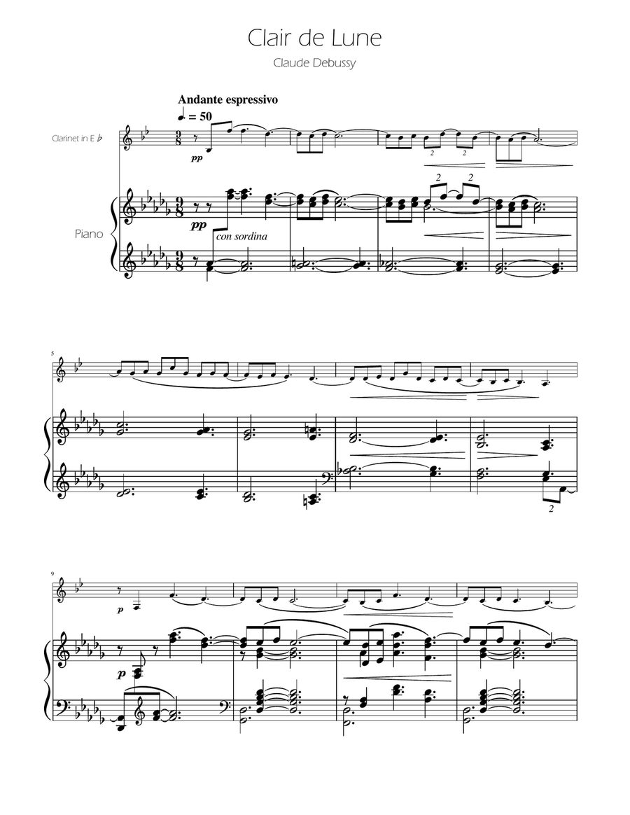 Clair de Lune - Clarinet in Eb Solo w/Piano E-Flat Clarinet scores gallery preview page 1