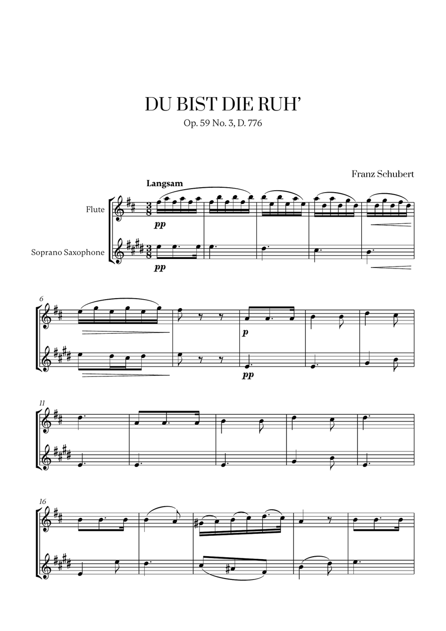 Franz Schubert - Du bist die Ruh (D Major) (for Flute and Soprano Saxophone) Woodwind Duet scores gallery preview page 1