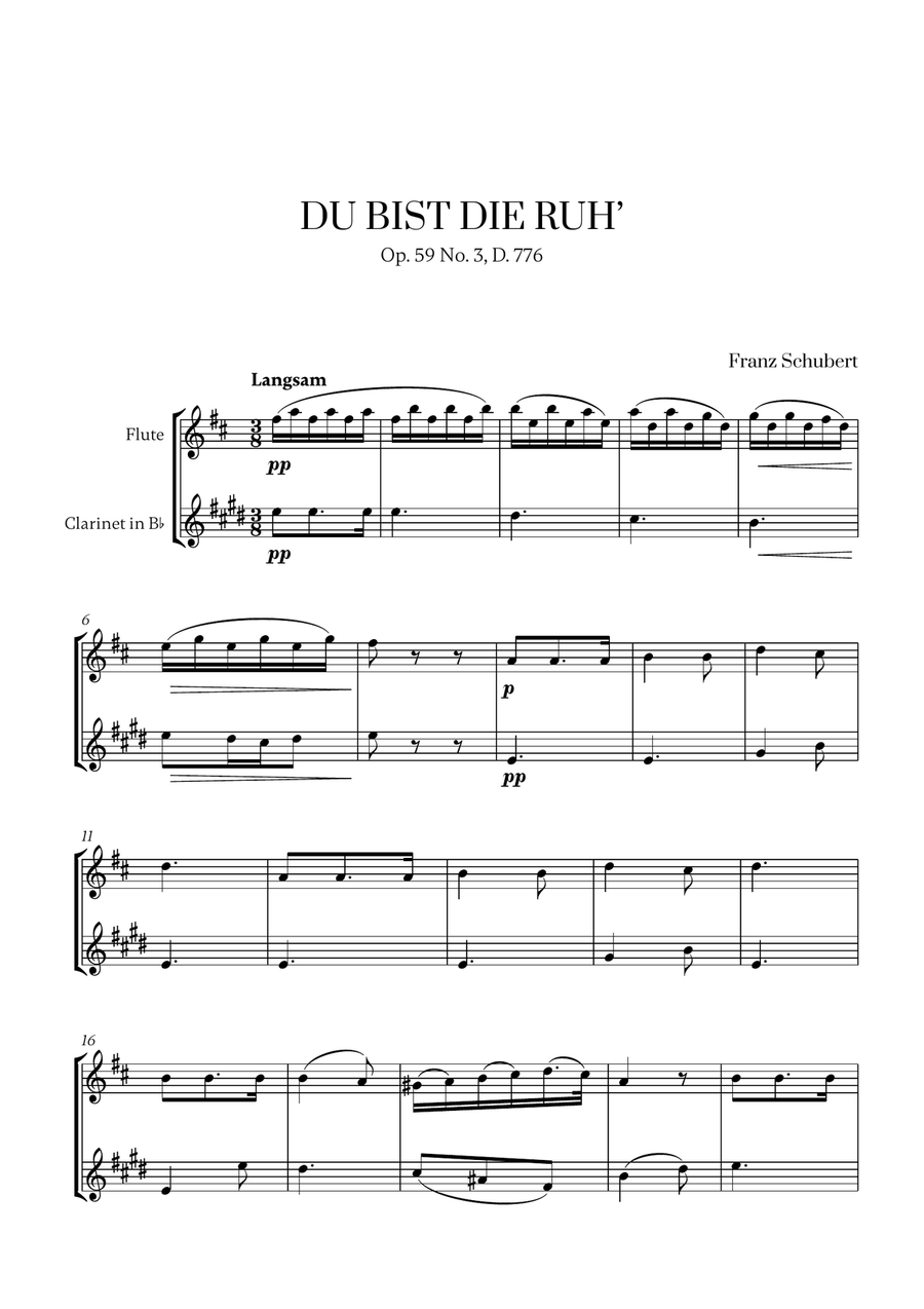 Franz Schubert - Du bist die Ruh (D Major) (for Flute and Clarinet) Woodwind Duet scores gallery preview page 1